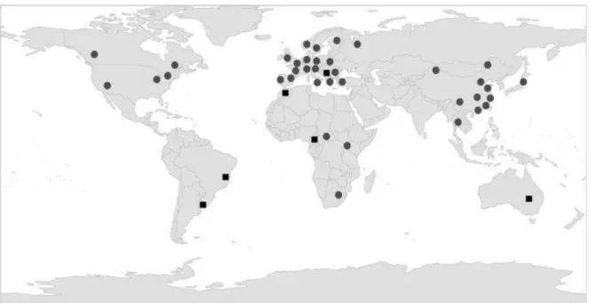 Figure  1.  Distribution  géographique  de  Planktothrix  spp.  étudiées  soit  par  isolement  (taxonomie  polyphasique,  cercles),  soit  par  observations  microscopiques  (symboles carrés)  (D’après Kurmayer et al., 2016) 
