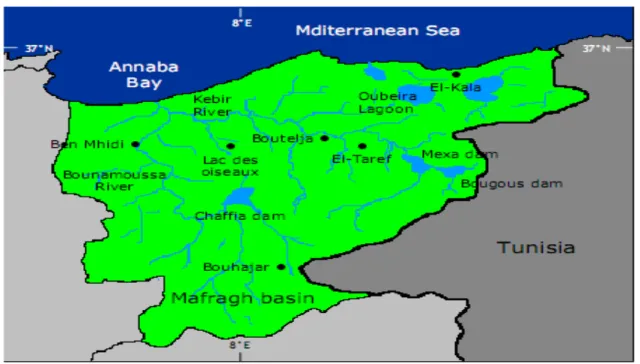 Figure 13: Le bassin versant du Mafragh avec les deux branches de Bounamoussa et El-Kebir
