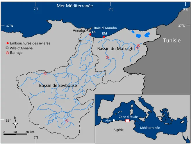 Figure  1.  Baie  d’Annaba  et  ses  bassins  versants.  ES :  embouchure  de  Seybouse ;  EM : 