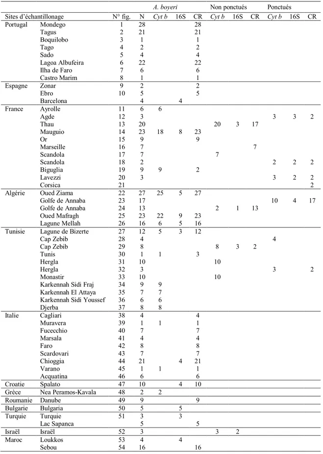 Tableau 29. Zones d'étude et nombre de séquences étudiées par marqueur et par site. 