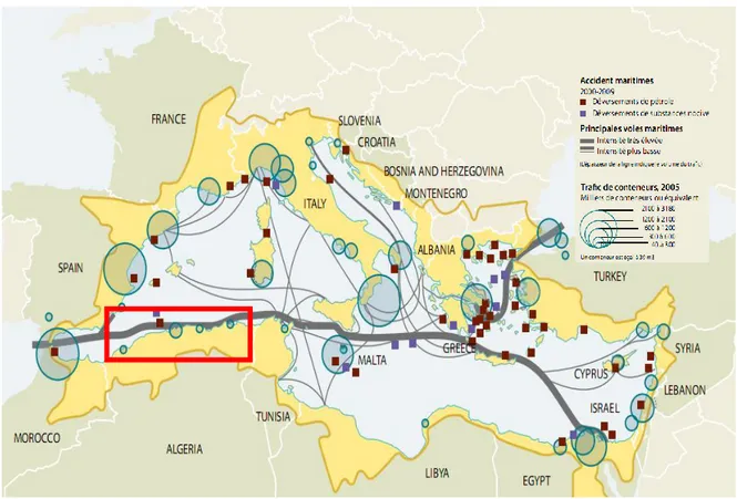 Figure  3.  Représentation  des  activités  du  transport  maritime  et  de  l’industrie  pétrolière  en  mer 