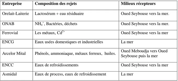 Tableau 3. Composition des rejets industriels et leur milieu récepteur DEWA (2002). 