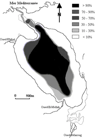 Figure 19. Répartition de la teneur en pélites  (%) dans les sédiments de la lagune Mellah