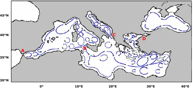 Figure 1: Key traits of surface circulation and connecting straits (A,B,C,D corresponding respectively  to:  Gibraltar  Strait,  Cicily  Strait,  Otranto  Strait,    Dardanelle  Strait)  of