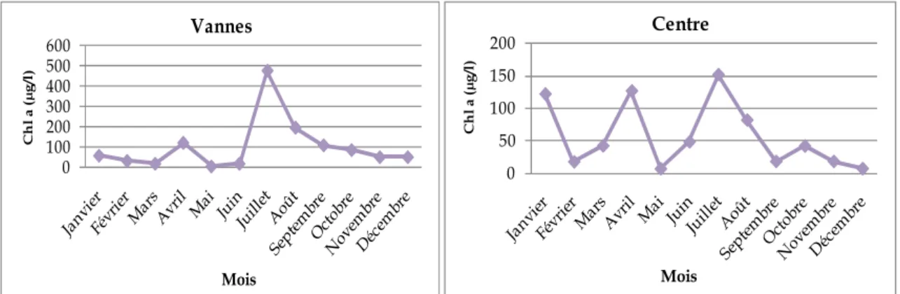 Figure 35 : Variations mensuelles des teneurs en chlorophylle a dans  l’eau du lac Tonga