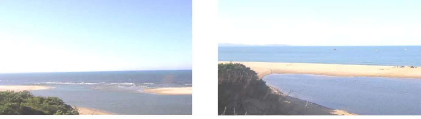 Figure 3 :  Photos à  gauche vue de l’embouchure de l’estuaire du Mafrag  semi ouverte en période  printanière, à droite vue de  la fermeture de l’Embouchure de l’estuaire en période de sécheresse
