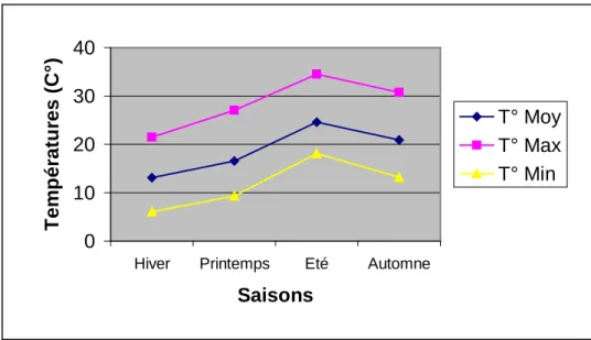Fig. 4 : Variations annuelles des températures saisonnières dans la région de Skikda   de 1990 à 2002