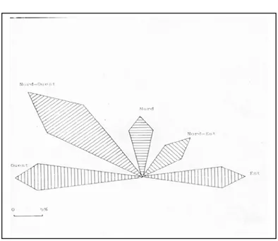 Fig. 6: Rose des houles par secteur ; toutes amplitudes et périodes confondues  Données K.N.M.I, 1961-1980 (in HOCINI et al., 1991)