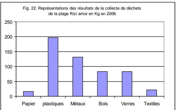 Fig. 22: Représentations des résultats de la collecte de déchets  de la plage Rizi amor en Kg en 2006.
