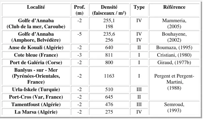 Tableau 2: Représentation de la densité moyenne des faisceaux de P.  oceanica par m² (automne 