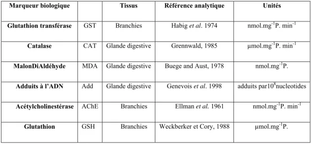 Tableau IV :  Liste des différents biomarqueurs mesurés chez les mollusques 