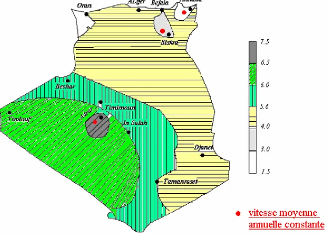 Figure 2.1 : Carte annuelle de la vitesse moyenne du vent à 10m du sol (m/s) en Algérie  [18]