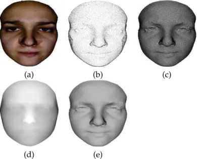 Figure 2.2 – a) Texture map, b) Point cloud, c) Triangular mesh, d) Depth map, e) 3d