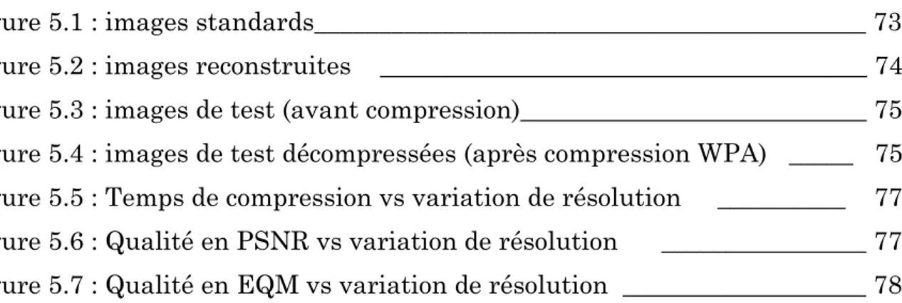 Figure 5.1 : images standards___________________________________________ 73  Figure 5.2 : images reconstruites    ______________________________________ 74  Figure 5.3 : images de test (avant compression)___________________________ 75  Figure 5.4 : images de test décompressées (après compression WPA)   _____   75  Figure 5.5 : Temps de compression vs variation de résolution     __________    77  Figure 5.6 : Qualité en PSNR vs variation de résolution      ________________ 77  Figure 5.7 : Qualité en EQM vs variation de résolution  ___________________ 78 