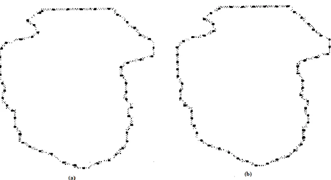 Figure 1.4. Initialisation de snake : (a) nombre constant de point contour, (b) Distance Euclidienne  constante 