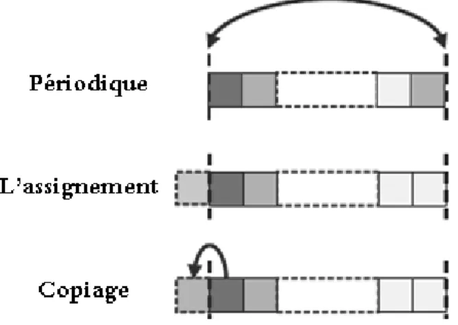 Figure 3.7. Les principales méthodes d’élimination de frontières sur un espace d’une dimension  