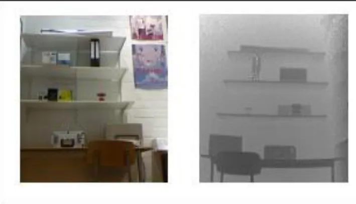 Figure 2.11 – Système d'acquisition d’images de profondeur Cam Cube, à gauche  l’image réelle, à droite l’image de profondeur acquise par Cam Cube 