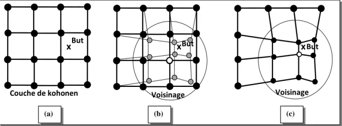 Figure 2.9-Illustration de l’apprentissage de la méthode SOM : (a) État initial, (b) état à l'étape k, (c) état  à l'étape k+1.