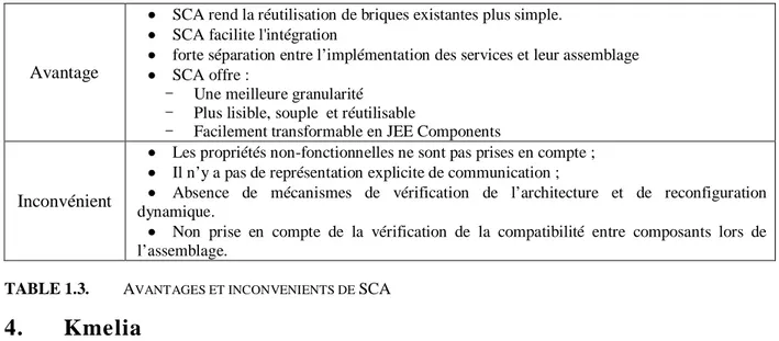 TABLE 1.3.   A VANTAGES ET INCONVENIENTS DE  SCA 