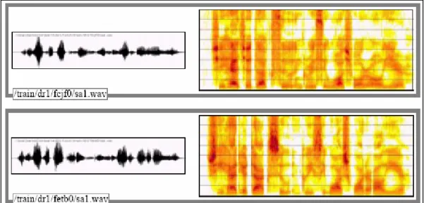 Figure 1.6 : Exemple de 2 signaux temporels (à gauche) et de 2 spectrogrammes  (à droite) d’une même phrase prononcée par deux locuteurs différents 