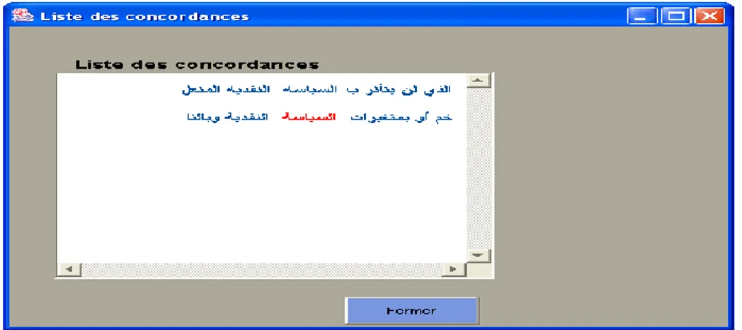 Figure 12: Extraction d'information arabe avec UNITEX (Benmazou, 2009)  En  plus  de  l’extraction  d’information,  UNITEX  dispose  d’un  concordancier  permettant  la  localisation  d’une  entité  dans  le  texte  d’origine,  en  affichant  ses  contexte