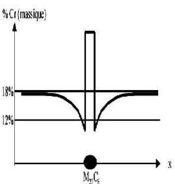 Figure II.4 : schéma du profil de concentration en chrome près des carbures. [35] II .3.3 Quantification :