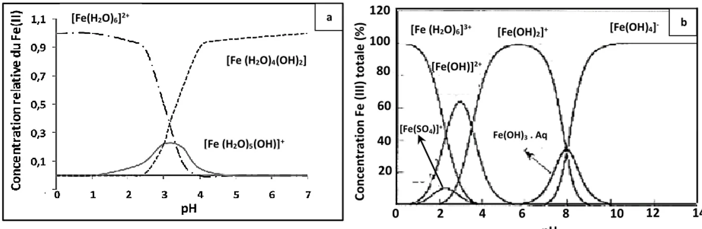 Figure II-7 : Spéciation des espèces de Fe (II) et Fe (III) en fonction du pH à T = 25 °C,     