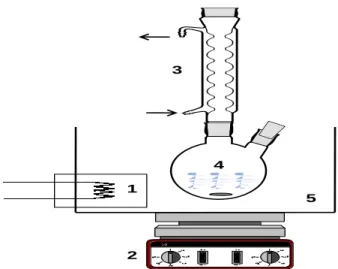 Fig. V.1. Dispositif expérimental utilisé pour la dissolution de l’oxyde de zinc.                                   1-Thermoplongeur, 2-plaque d’agitation magnétique, 3-Réfrigérant, 4-Réacteur en verre,  