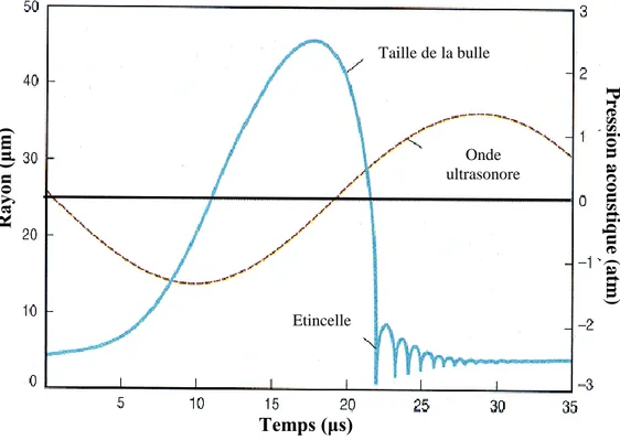 Figure 3. Evolution du diamètre d’une bulle de cavitation transitoire au cours d’un  cycle ultrasonore (eau, 25 kHz) [45]