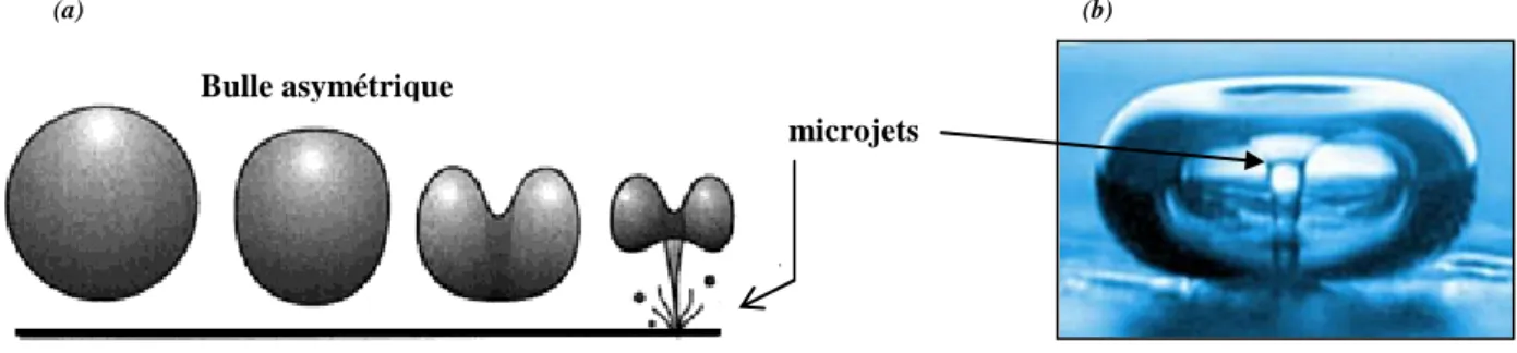 Figure 4. (a) Evolution d’une bulle de cavitation à proximité d'une surface solide [50],  (b) Asymétrie d’une bulle implosant à la proximité d’une paroi : pénétration d’un 
