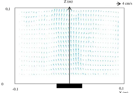 Figure 5. Distribution des vecteurs vitesses dans l’eau au sein d’un réacteur ultrasonore  (500 kHz, 60W) [51]
