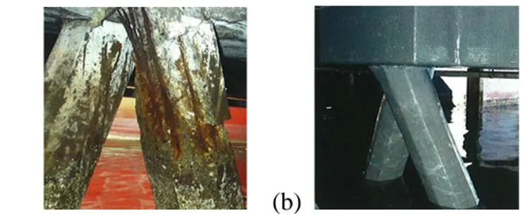 Fig. 1.14 Renforcement des structures marines par matériaux composites [2]:   (a) sans renforcement, (b) avec renforcement  