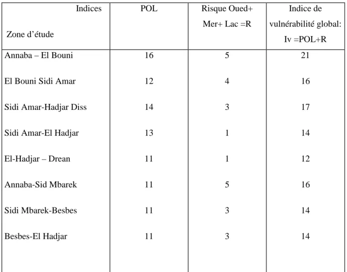 Tableau 17. Résultats des indices globaux. 