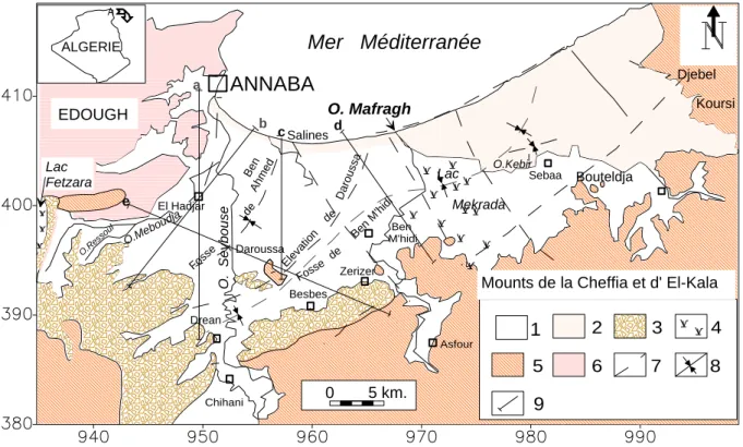 Fig. 1. Situation géographique et géologique des plaines de la région de Annaba-Bouteldja (d’après 