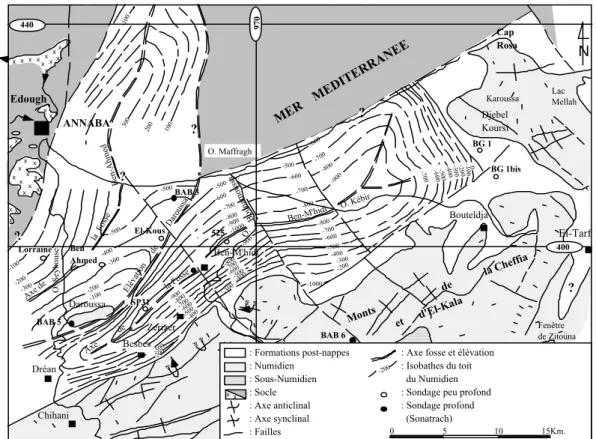 Fig. 2. Esquisse structurale des plaines de Annaba-Bouteldja (Sonatrach, 1969 in Hani, 2003, 
