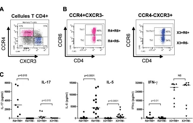 Figure 6: Les récepteurs de chimiokines CCR4, CXCR3 er CCR6 identifient des sous- sous-populations des lymphocytes T CD4 +  ayant un profil de polarisation de type Th1, Th2,  Th1Th17 ou Th17