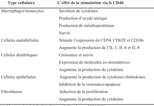 Tableau II: Le rôle de l’engagement de CD40 à la surface de différents types  cellulaires  