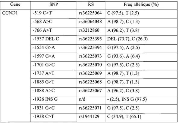 Tableau l  : Liste des  rSNPs  étudiés pour chacun des  gènes régulateurs  du point de  contrôle  GIIS