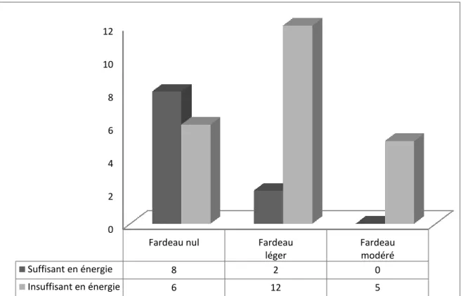 Figure 8 : Suffisance en énergie chez le patient selon le niveau de fardeau de l’aidant au  moment du recrutement : considération de quatre niveaux de fardeau chez l’aidant 