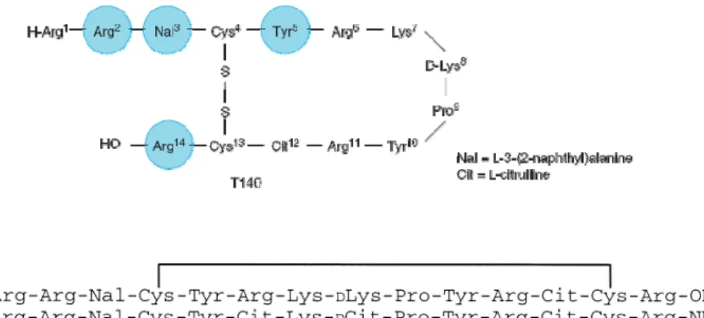 Figure 1.7 :  Représentation schématique de la séquence des acides aminés du  T140 et de son analogue, le Tc14012