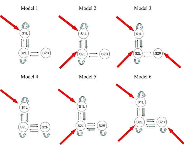 Figure 3-6. Models 1 to 6 (left to  right,  top  to  bottom)  in  the  3-Regions  modeling;          Model 1-3 belongs to Category 1, and Models 4-6 belongs to Category 2