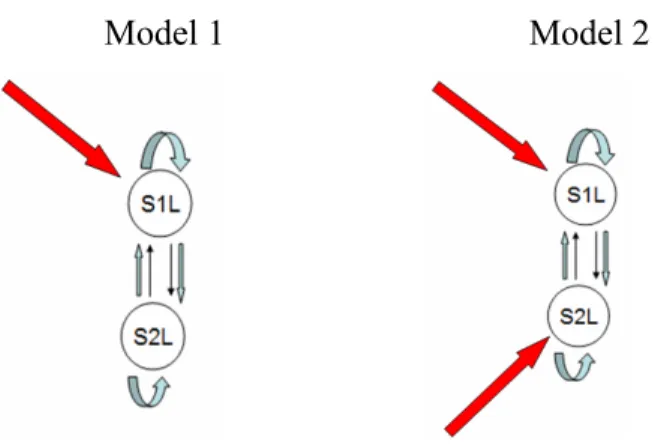 Figure  3-7.  Models  1  and  2  (left  to  right)  in  the  2-Region  modeling;                    Thin black lines represent intrinsic connectivity, Thick blue lines represent modulatory 