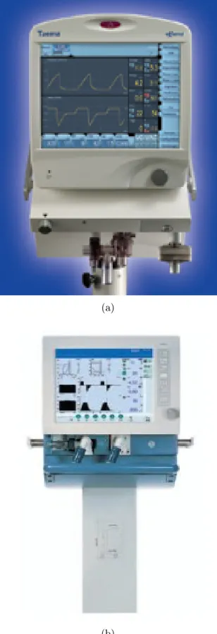 Fig. 1.9  Ventilateurs récents. (a) : L'Extend (photographie TAEMA). (b) : L'Evi- L'Evi-taXL (photographie Dräger).