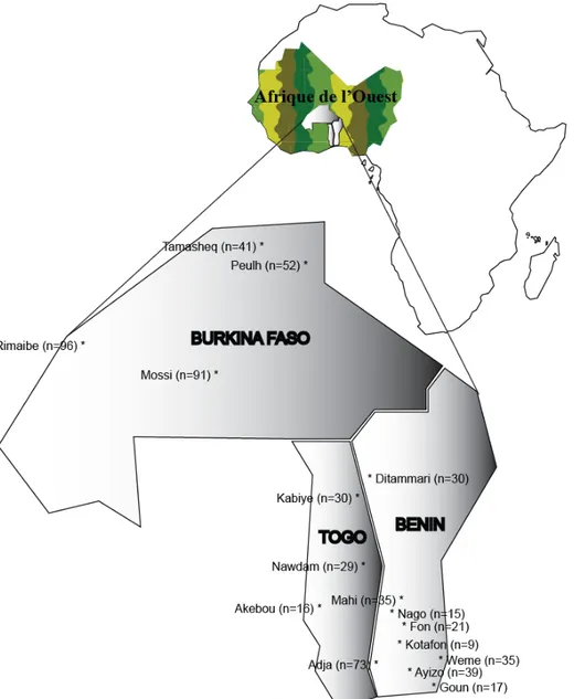 Figure 1 : Carte de la répartition géographique des populations ouest-africaines étudiées  n correspond au nombre de chromosomes sexuels X analysés au sein de chaque ethnie 