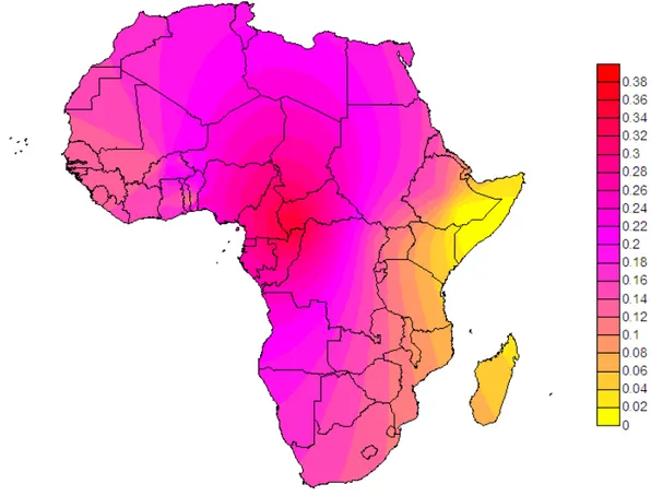 Figure 7 : Distribution spatiale de l’haplotype B002 en Afrique 