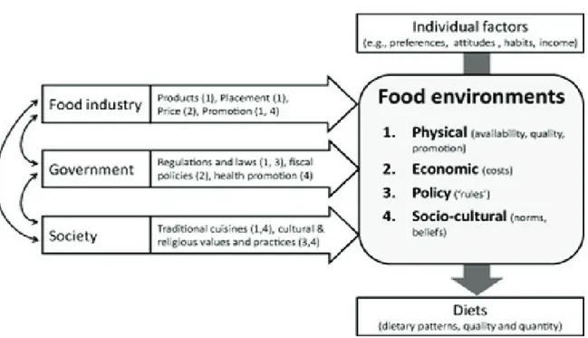 Tableau  1.  L’environnement alimentaire et ses composantes, ainsi que les grandes  influences des principaux acteurs sur celui-ci selon INFORMAS (Swinburn et al., 2013) 
