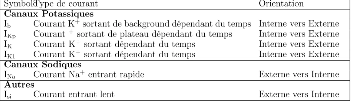 Tableau 1.1. Courants ioniques définis dans le modèle LR1.