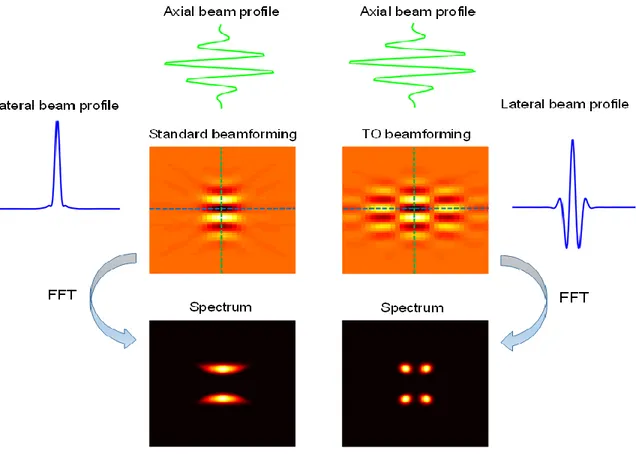 Figure 3.7 Beamformed images and corresponding frequency spectra using standard and  TO  beamforming,  respectively