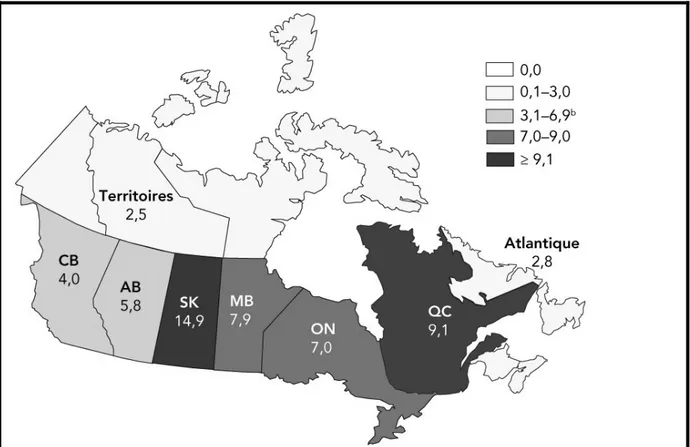 Figure II. Représentation cartographique de la répartition du taux d’incidence du VIH par  provinces et par territoires du Canada en 2018