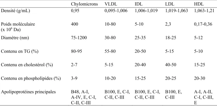 Tableau I : Caractéristiques des lipoprotéines  Chylomicrons  VLDL  IDL  LDL  HDL  Densité (g/mL)  0,95  0,095-1,006  1,006-1,019  1,019-1,063  1,063-1,21  Poids moléculaire   (x 10 6  Da)  400  10-80  5-10  2,3  0,17-0,36  Diamètre (nm)  75-1200  30-80  25-35  18-25  5-12  Contenu en TG (%)  80-95  55-80  20-50  5-15  5-10  Contenu en cholestérol (%)  2-7  5-15  20-40  40-50  15-25  Contenu en phospholipides (%)  3-9  10-20  15-25  20-25  20-30 